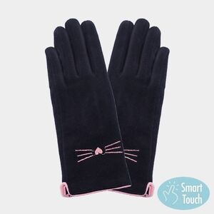 Black Pink Cat Whiskers Suede Smart Touch Fun Winter Gloves Trendy Statement